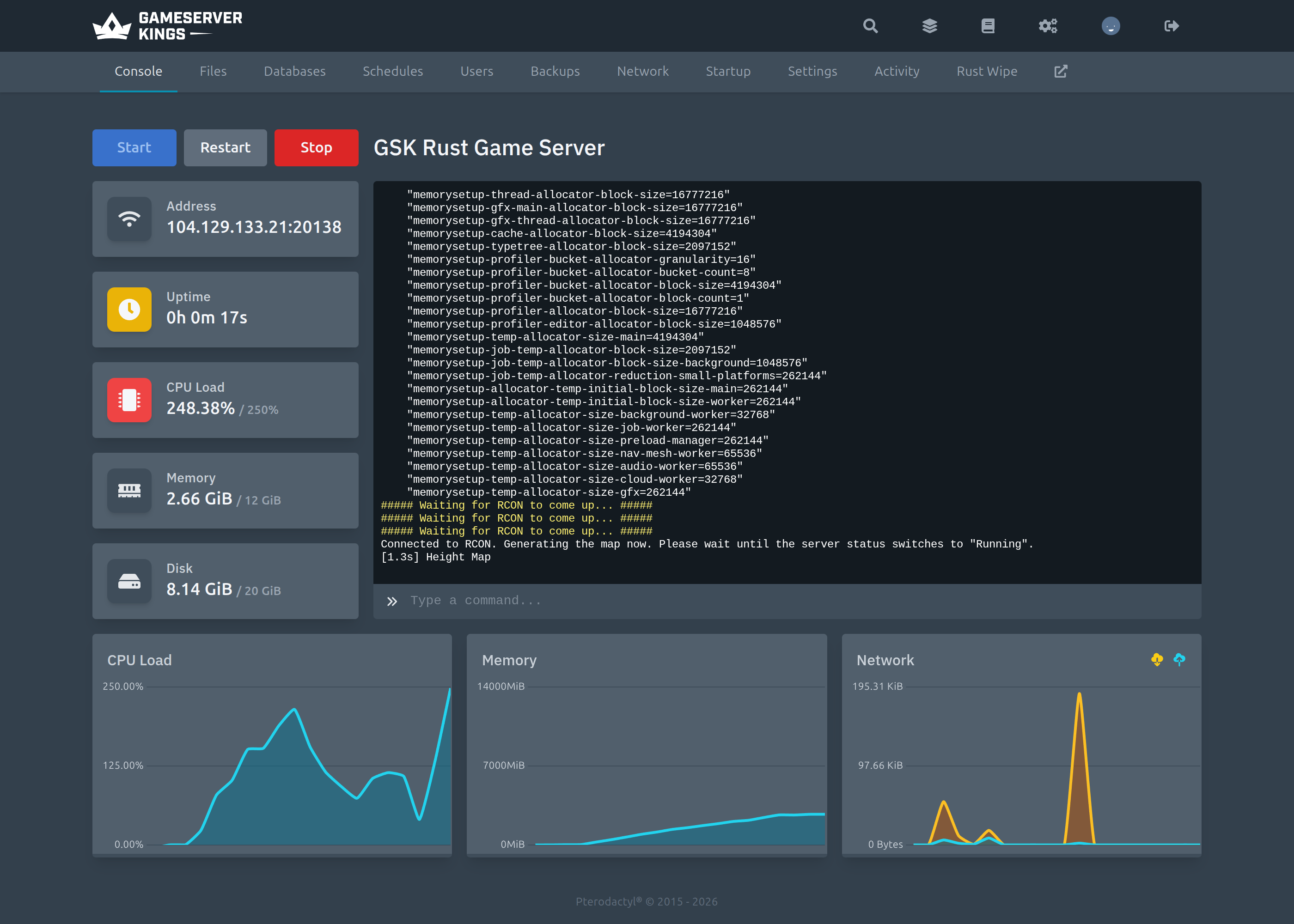 GameServerKings control panel: Live Server Console