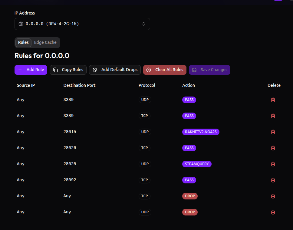 Firewall rule manager interface showing per-IP rule configuration with protocol, port, and action controls