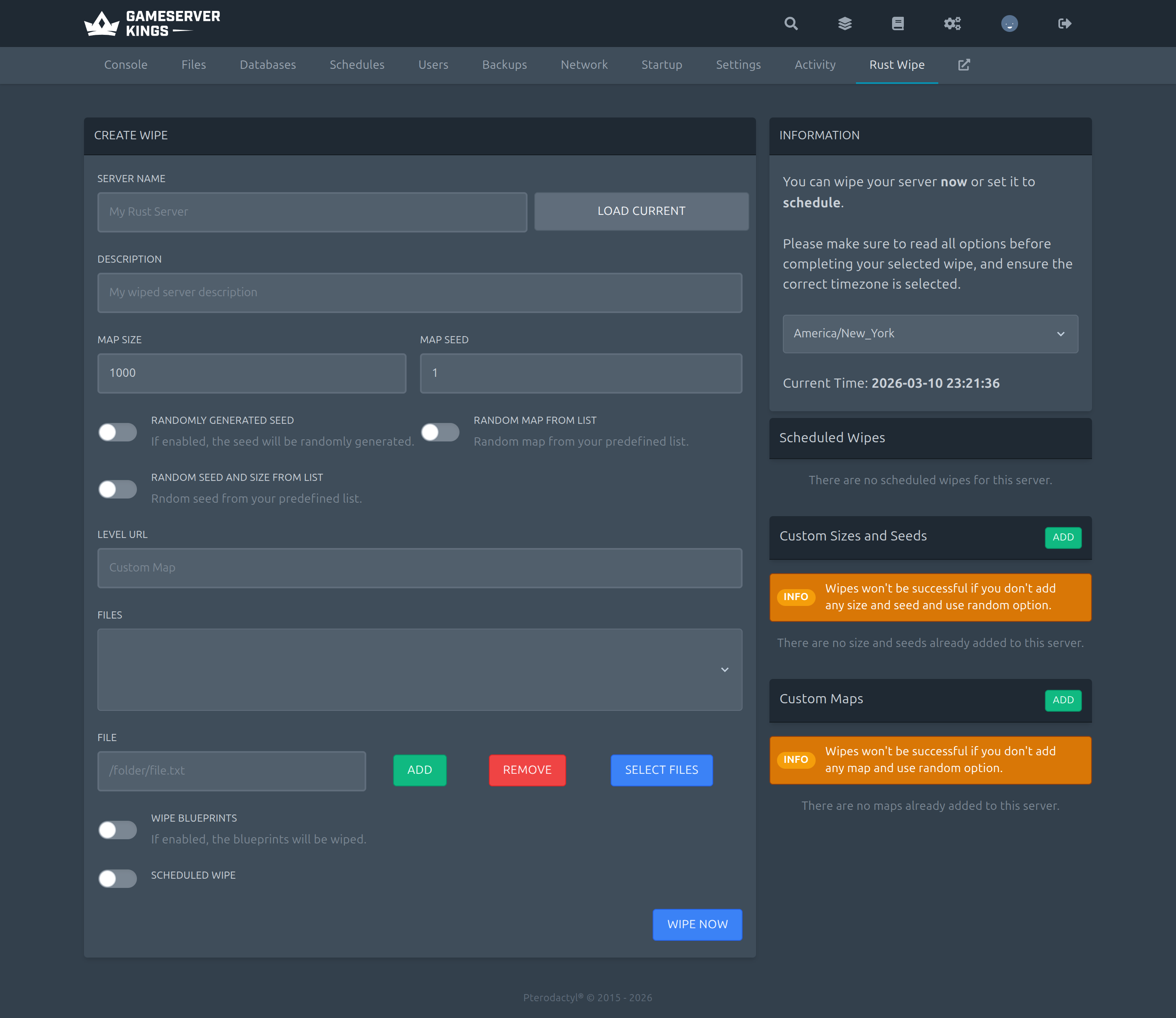 GameServerKings control panel: One-Click Server Wipes